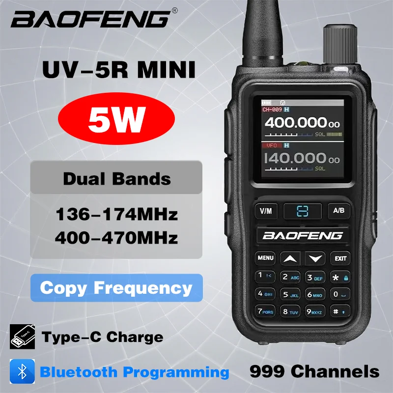 BAOFENG UV-5R Mini Walkie Talkie Bluetooth programación frecuencia de copia inalámbrica 999CH banda Dual de largo alcance tipo C Radio bidireccional
