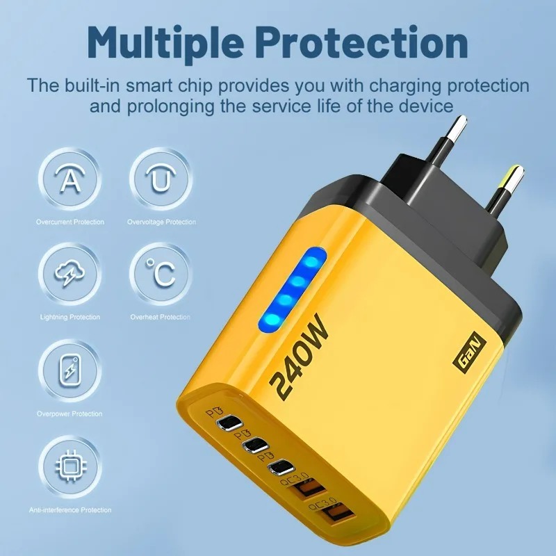 5 in 1 GaN Desktop Charger 240W Fast Charging Adapter 10A USB To TypeC Cable 3PD 2 SB Charger for IPhone 16 15pro Laptop Samsung