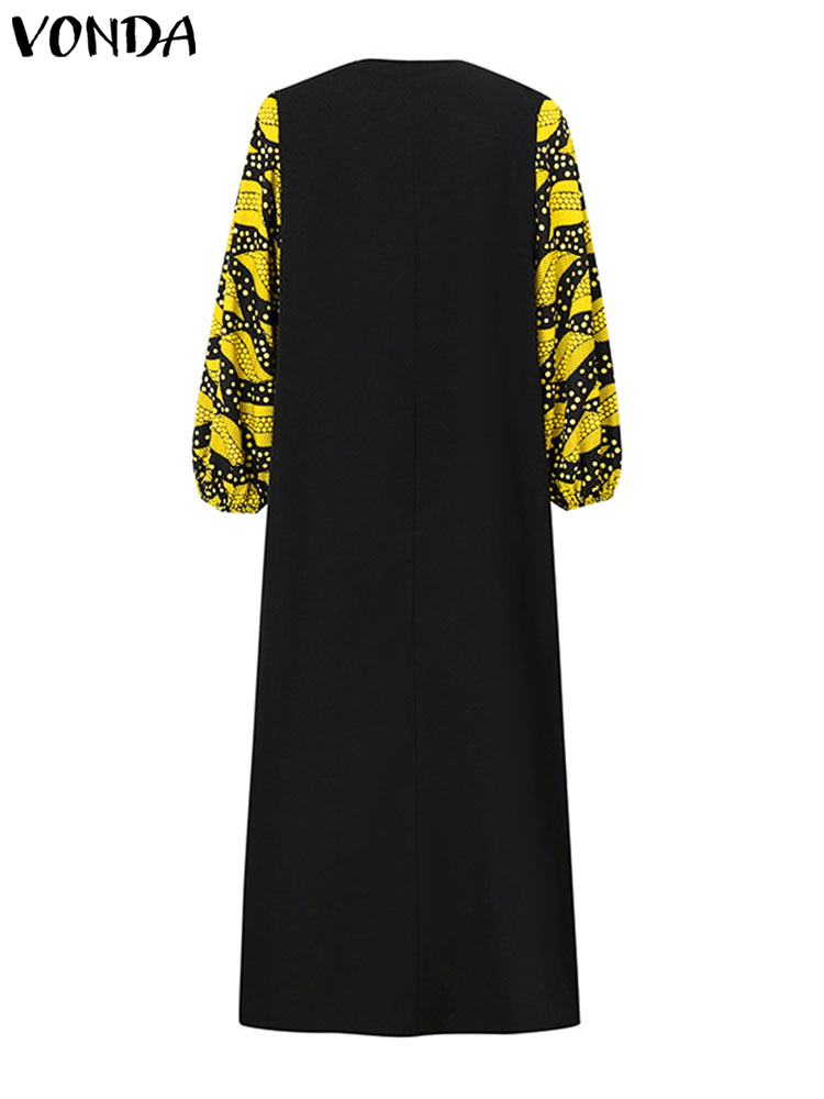 Vonda-女性のボヘミアンマキシロングドレス,ランタンスリーブ,ヴィンテージ,カジュアル,ラウンドネック,ルーズドレス,ラージサイズ,プリント,2024