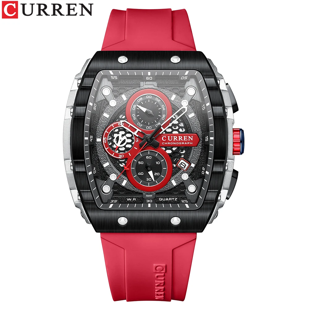Reloj CURREN deportivo cronógrafo de cuarzo para hombre, reloj de pulsera con esfera Tonneau y correa de silicona azul a la moda con fecha resistente al agua hasta 3atm