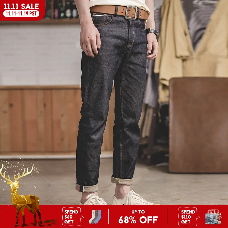 Джинсы из хлопка цвета Maden, 11,6 унций, винтажные необработанные джинсы в стиле Amekaji для мужчин, брюки большого размера со средней талией, 501, красные, белые, с кромкой