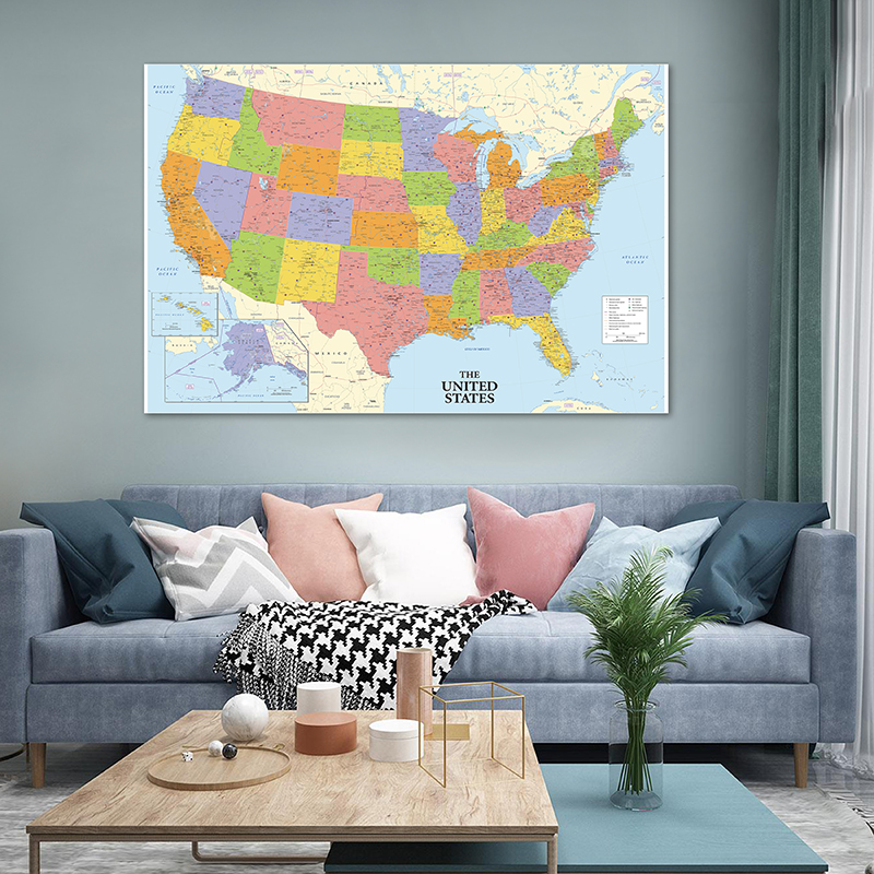 United State Map Print Pintura de lona não tecida, Sala de estar, Decoração do lar, Escritório, Material escolar, 100x70cm
