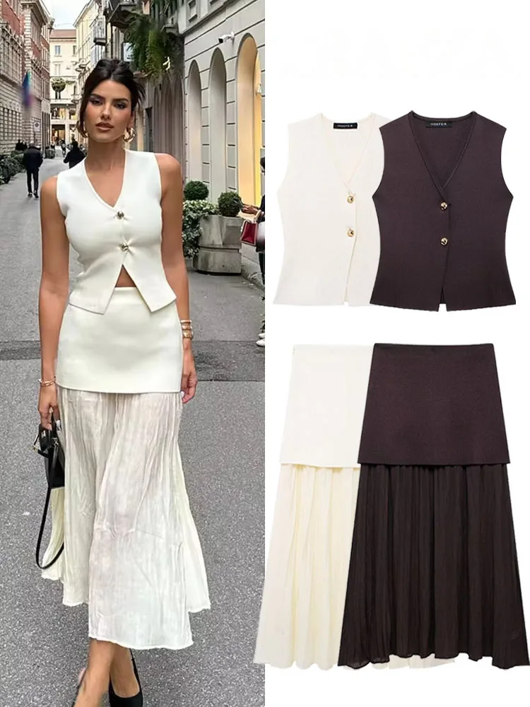 HH Vrouwen 2-delige set V-hals Mouwloos Knop Gebreid Vest Top + Elegante Splitsen Hoge Taille Rits Lange Rokken Vakantiepakken
