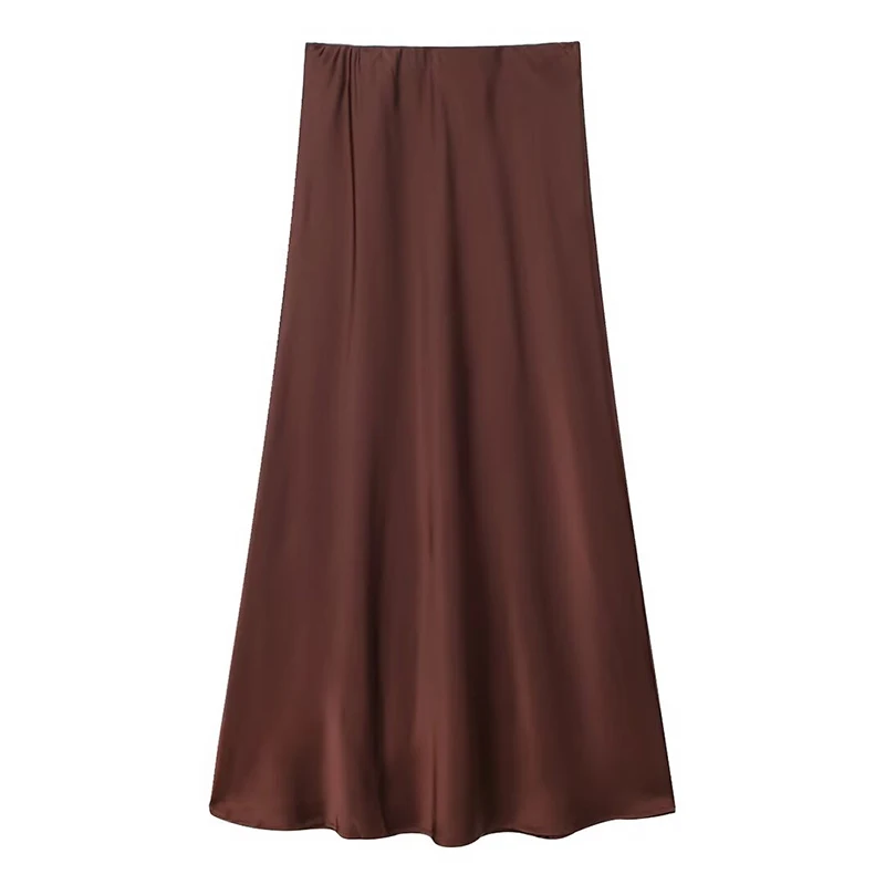 RAFZNB ซาตินกระโปรงเอวสูงผู้หญิงแฟชั่นสบายๆเอวยางยืด Midi กระโปรงหญิง Chic กระโปรง