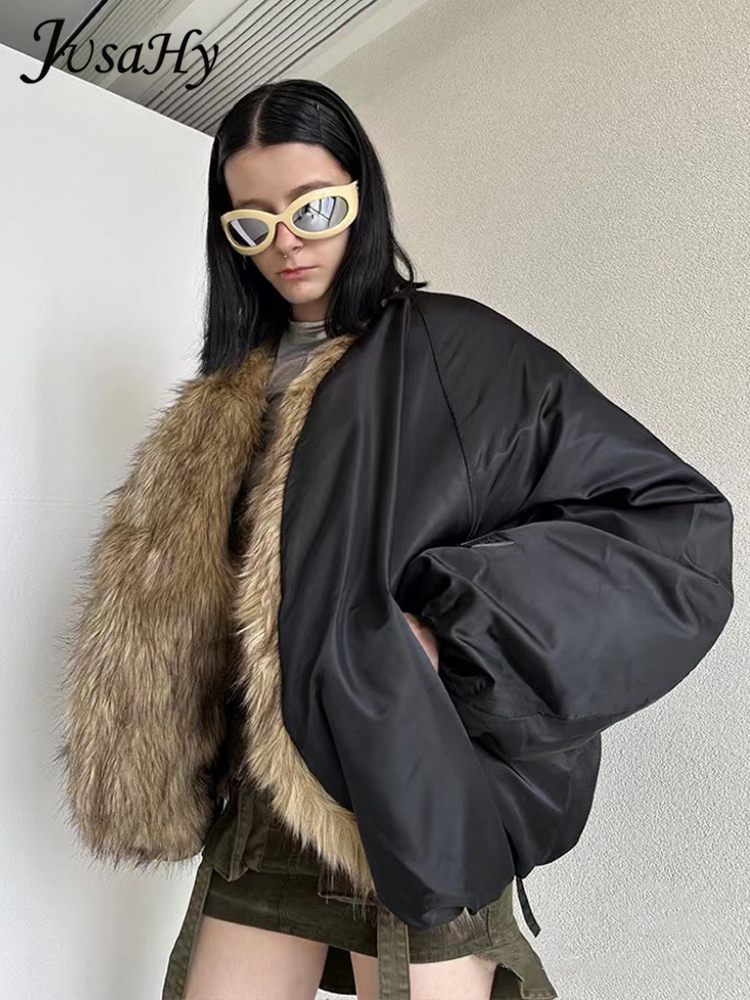 JusaHy Women Winter New Furry Solid Casual Street Chic Straight Classic Thicken Patchwork Turn Down Collar Padded Jacket NEW