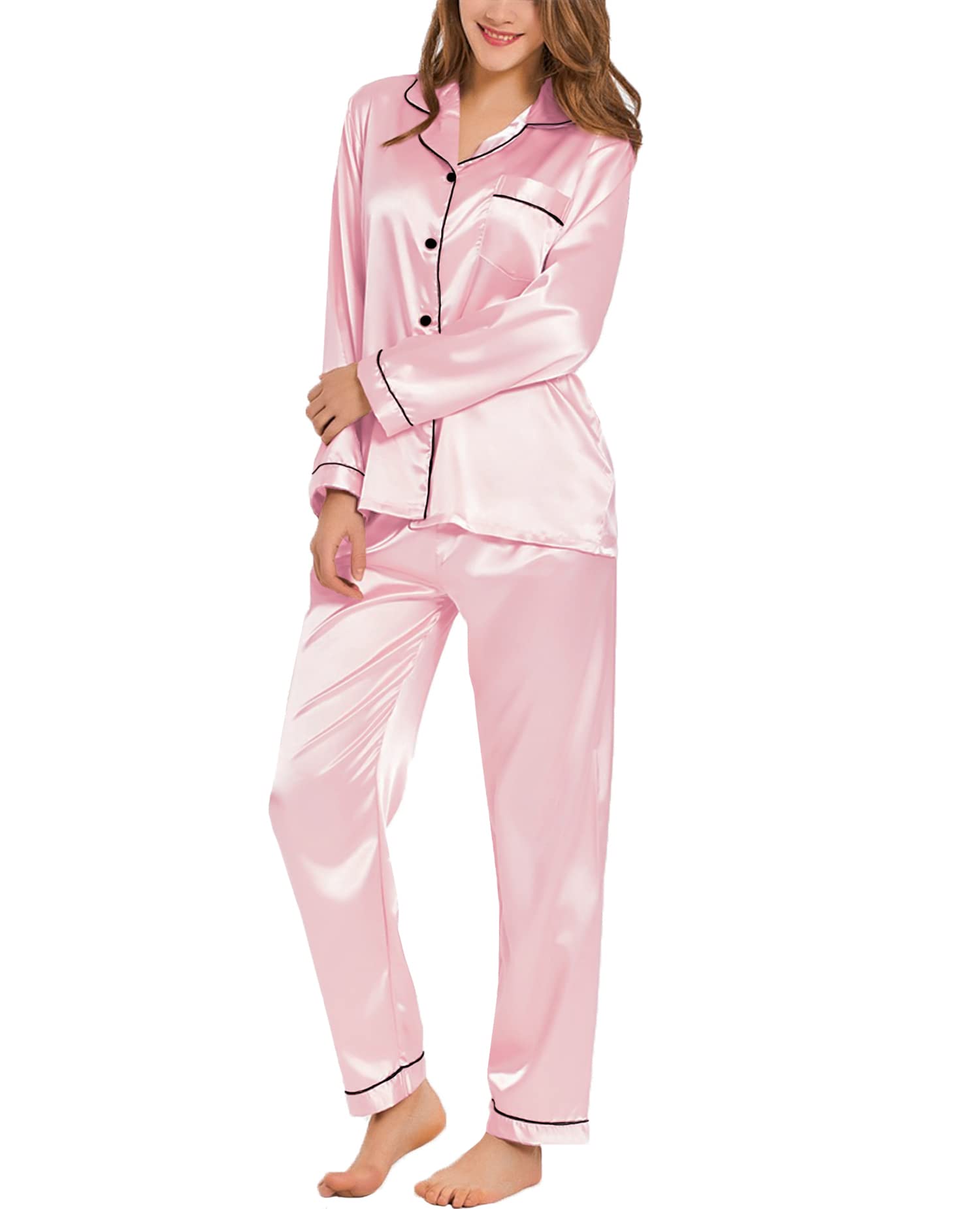Pijamas de satén de seda para mujer, ropa de dormir de dos piezas, conjunto de pijama largo de manga larga con botones
