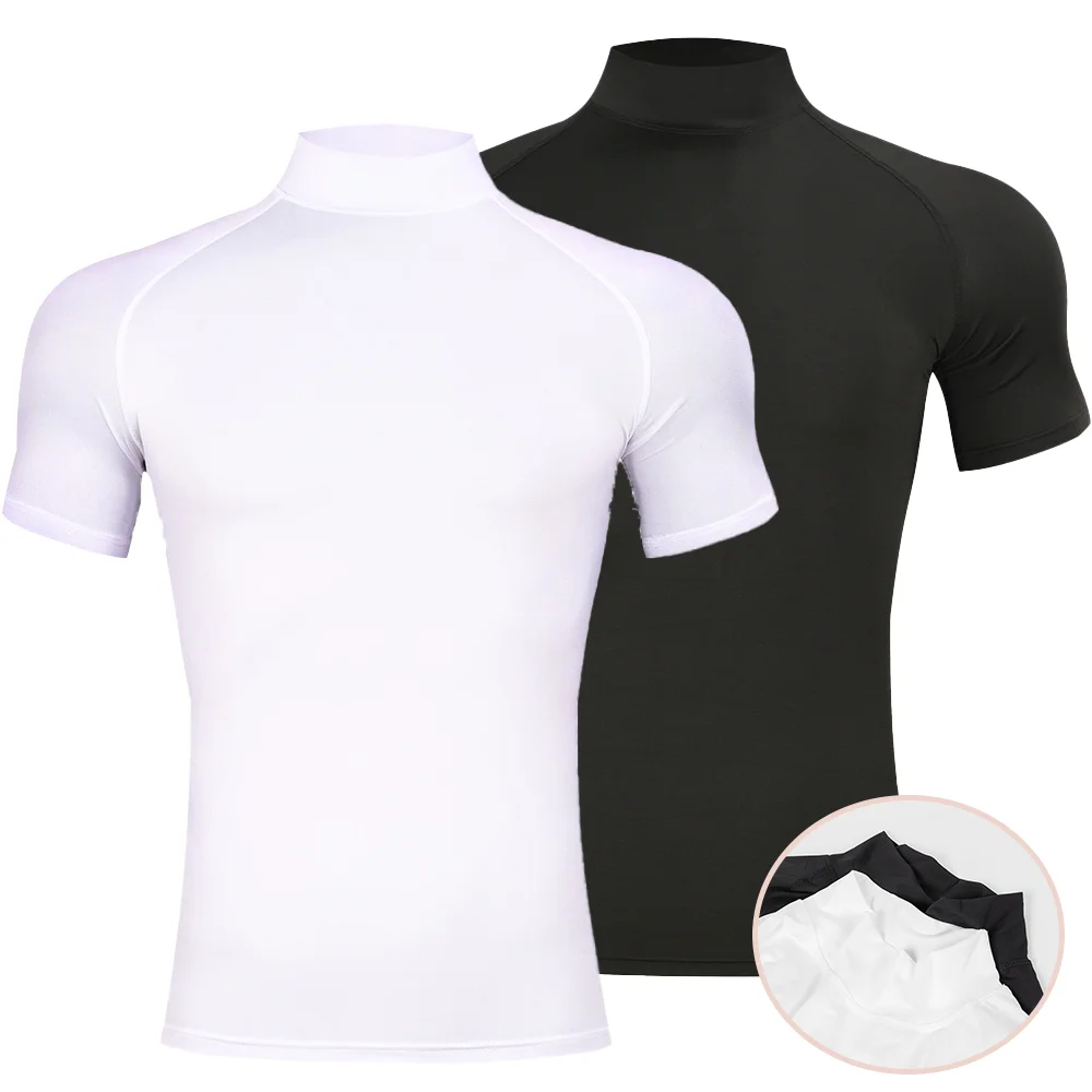 Camiseta deportiva ajustada para culturismo para hombre, camiseta de compresión de cuello alto de manga corta para gimnasio, Fitness, correr, Top de entrenamiento masculino de secado rápido