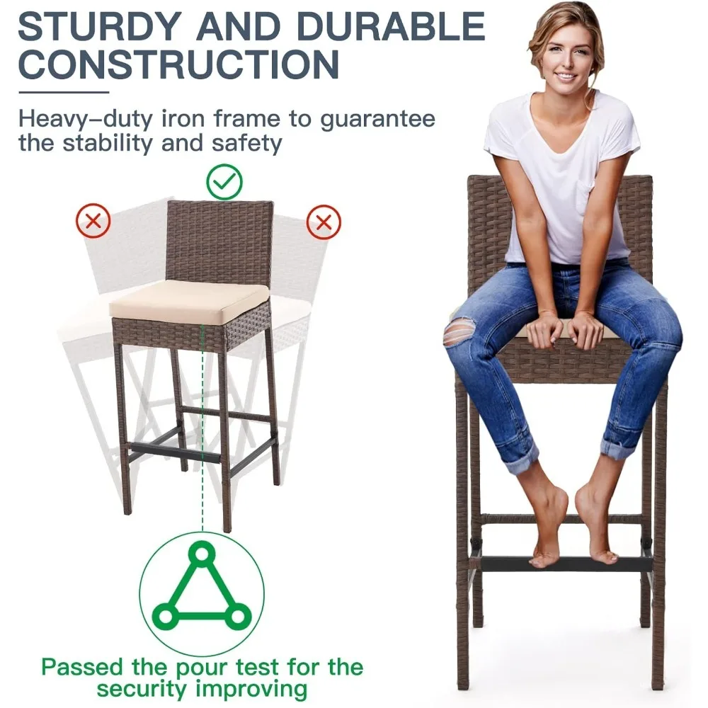 Rattan Bar Stools Set of 6, Patio Wicker Barstools with Cushions, Patio Bar Chairs Armless for Backyard, Poolside