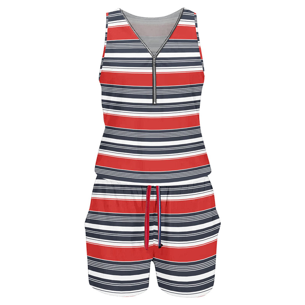 2023 verão novas vendas quentes listra cor bloco impressão uma peça shorts sem mangas zíper com decote em v uma peça