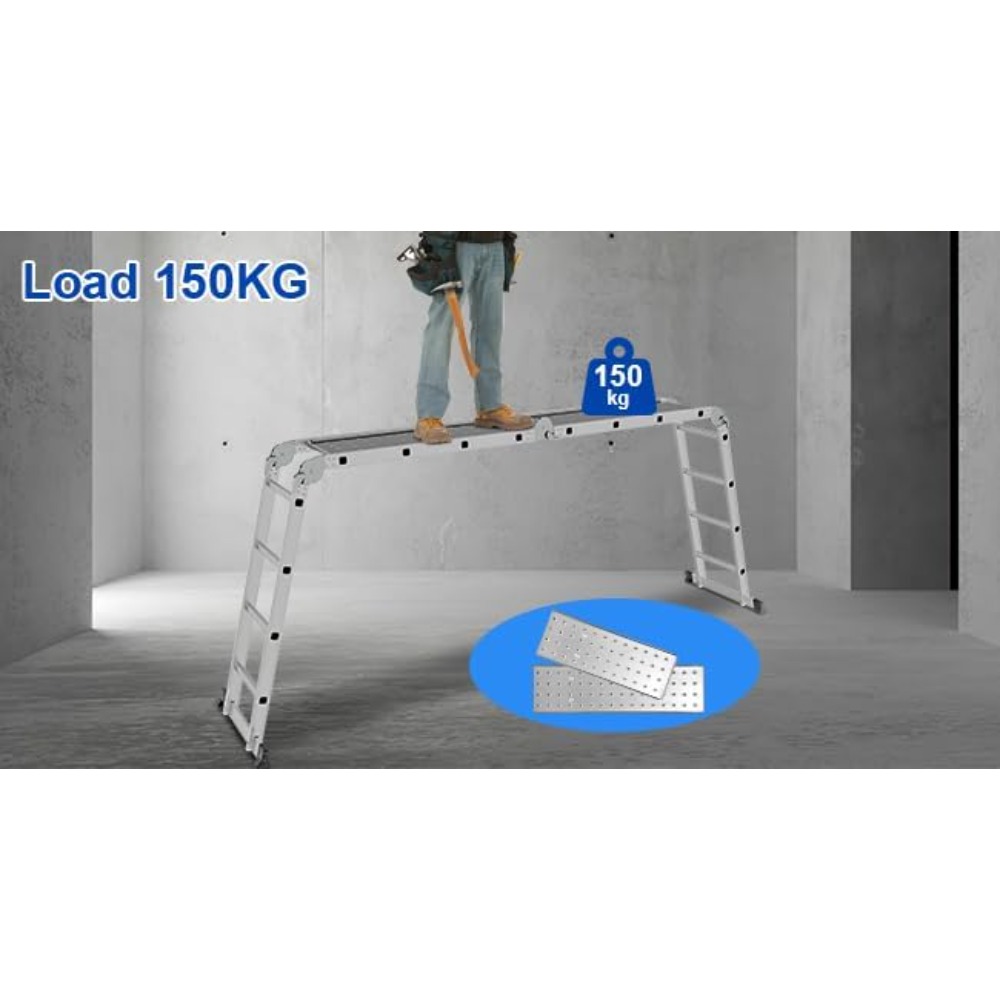 Échelle multi-usages en aluminium 470 cm Échelle pliante multifonctionnelle 4 x 4 m avec 2 plaques d'échafaudage et 2 roues, 12 marches, 7