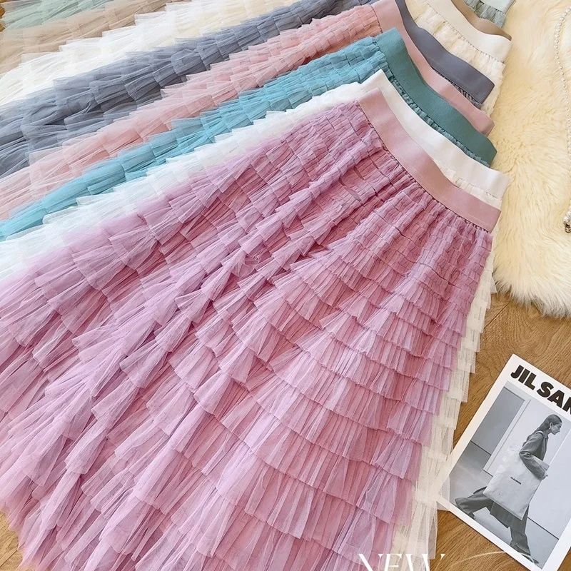 Saia de tule longa para mulheres, moda alta, elástica, cintura, linha, fofa, malha de fada, em camadas, saia com babados, presentes para meninas