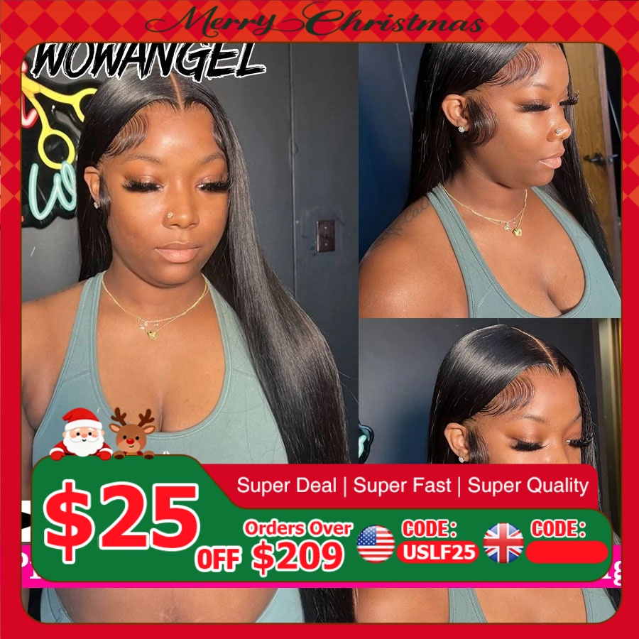 WowAngel 250% предварительно отбеленные 13x6 HD парики фронта шнурка 34 дюйма бесклеевые прямые человеческие волосы предварительно выщипанные бразильские волосы для женщин