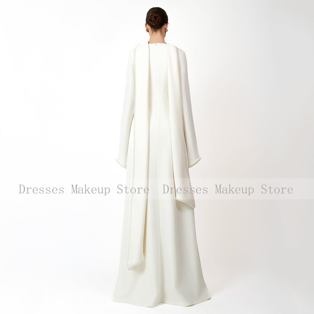 Bescheidene Abendkleider mit langen Ärmeln, O-Ausschnitt, A-Linie, 2025, Damen-Abendkleider mit Schal, Perlen, elegantes Hochzeitskleid, Elfenbeinfarben