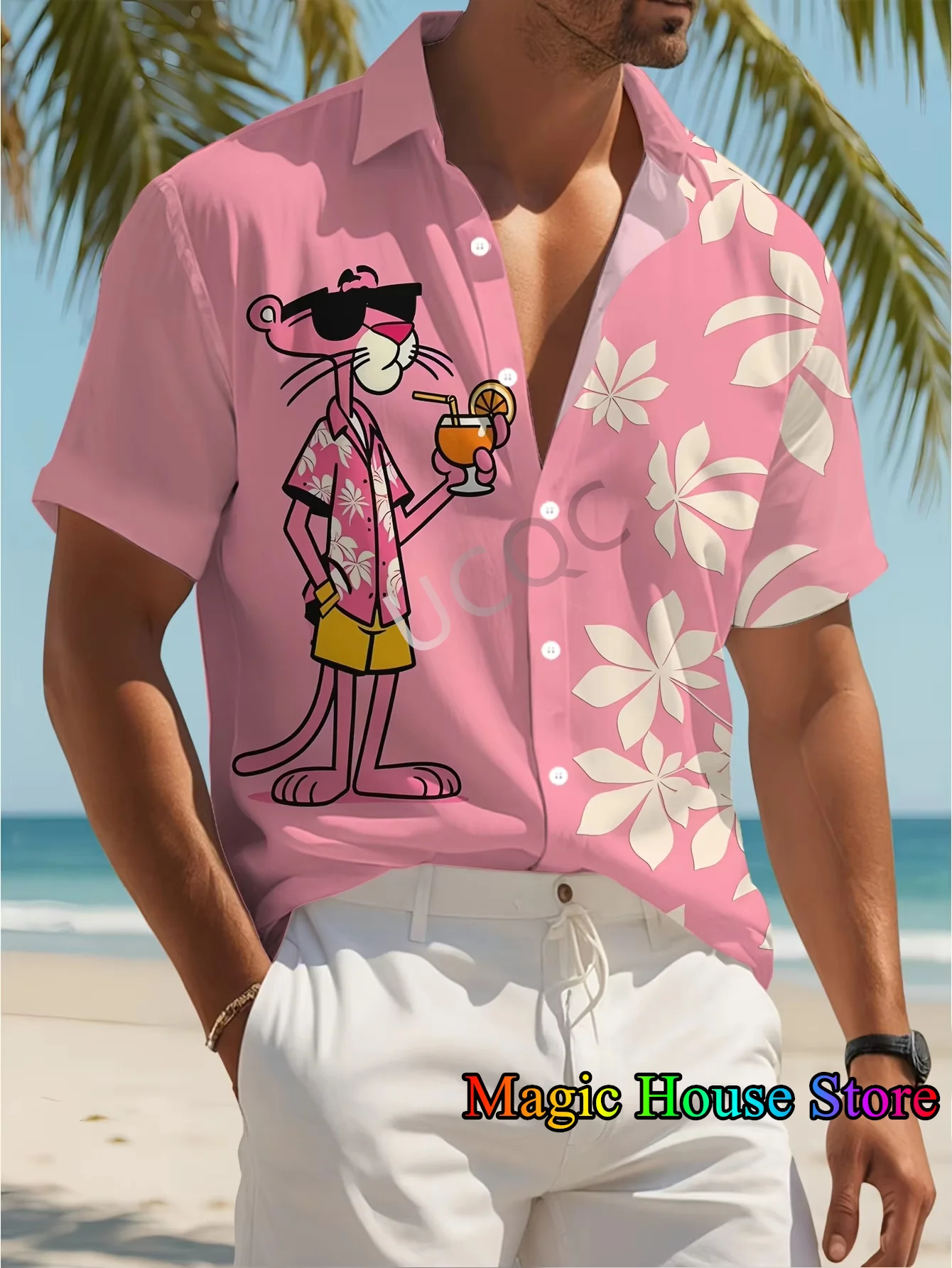 MINISO Camicia hawaiana a maniche corte con risvolto da uomo nuova Estate Pantera rosa Stampa Hawaii Vacanza Moda casual Bambini/Adulti ​ Top