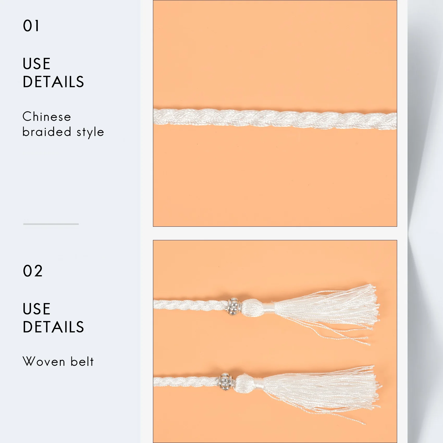 Cinto tecido branco com cadeia de cintura decorada, corda, atado