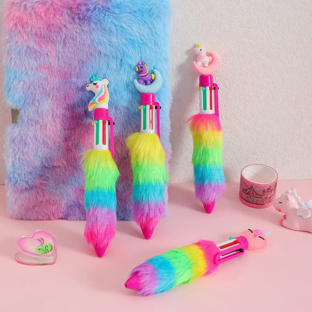 2PCs Unicorn Plush Ball-point ปากกาปากกาลูกลื่นที่มีสีสันนักเรียน Rainbow GEL ปากกาสาวการ์ตูนลายมืออุปกรณ์สํานักงาน