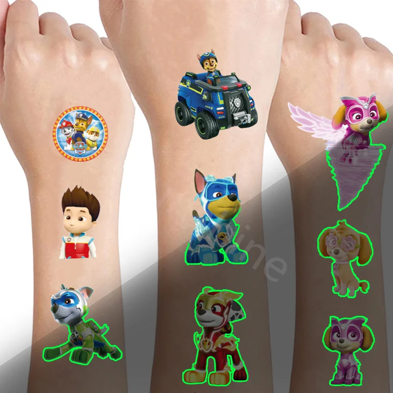 Tatuajes luminosos de la patrulla canina para niños, estilos de perros, tatuajes temporales, pegatinas para niños y niñas, suministros brillantes para fiestas, regalo para niños
