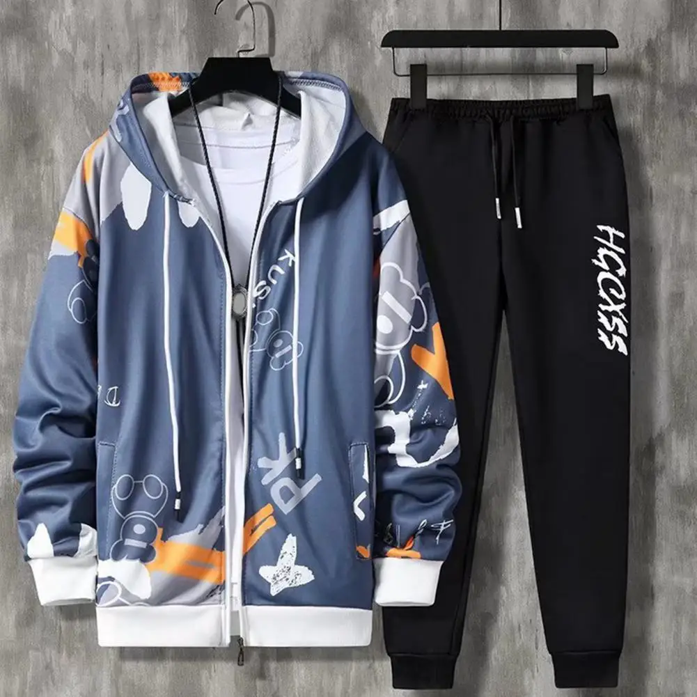 ชุด2ชิ้น/เซ็ตสำหรับผู้ชายเสื้อโค้ทกางเกงใส่วิ่งมีฮู้ดพิมพ์ลายตัวอักษรชุดออกกำลังกายทรงหลวมฮิปฮอปข้อเท้า