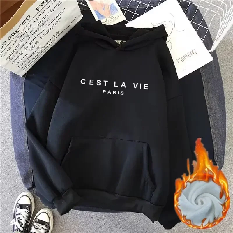 2024ฤดูใบไม้ร่วงฤดูหนาวผู้หญิงขนแกะHoodiesหนาหญิงแขนยาวHoodedเสื้อลําลองพิมพ์LadyหลวมPullover Tops