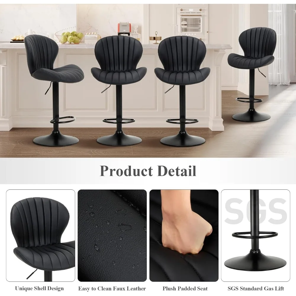 Set of 4 Modern Swivel Counter Height Bar Stools with Adjustable Faux Leather Upholstery and High Backs