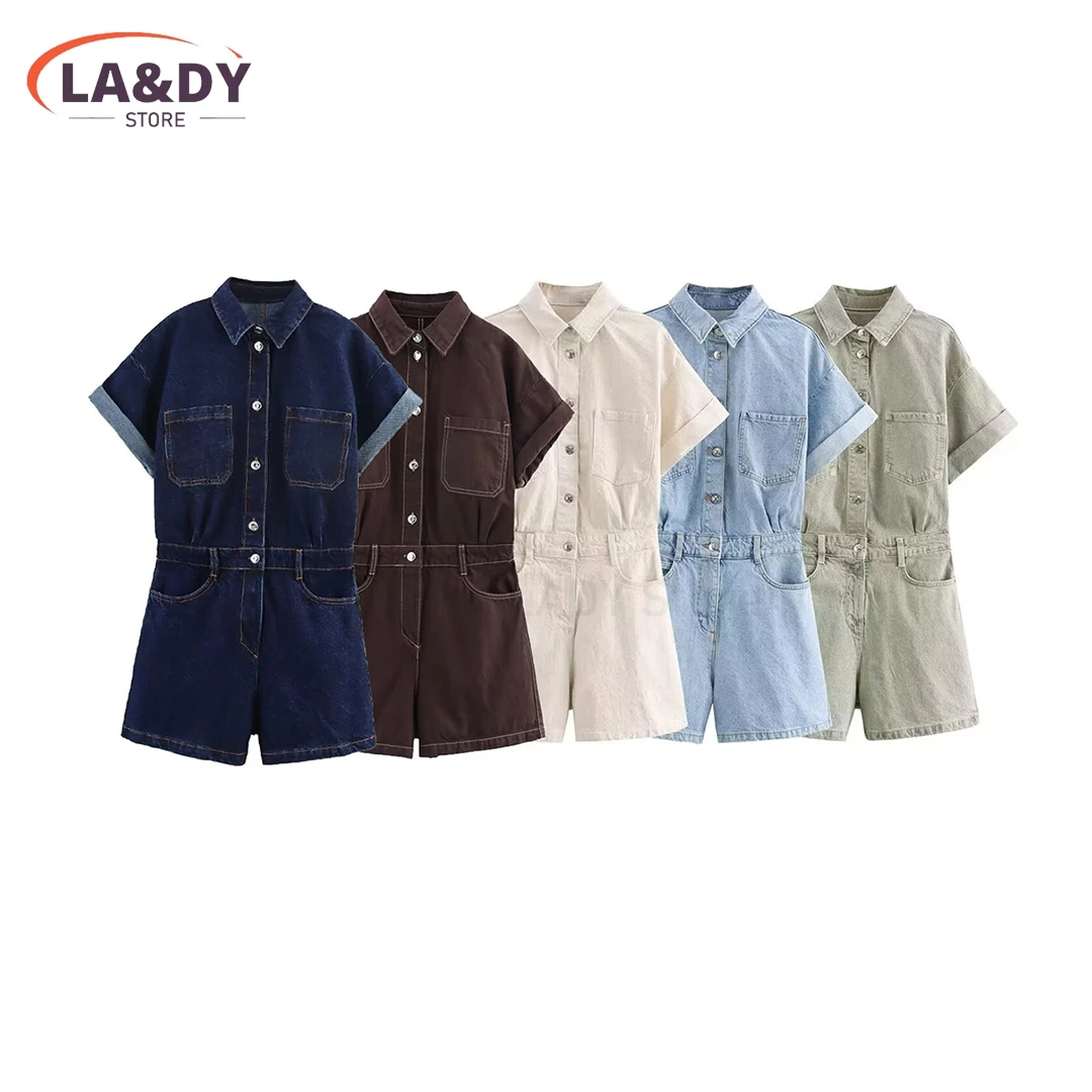 2025 nieuwe denim jumpsuit dameskleding turn-down kraag korte mouw rompertjes vrouwelijke streetwear mode slanke dames rompertjes