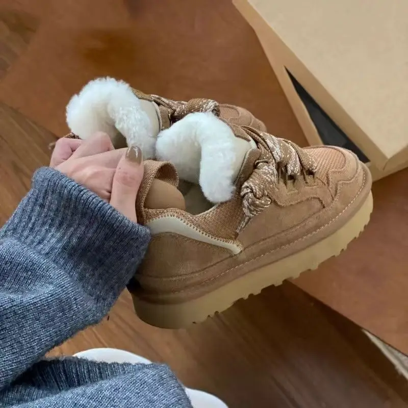 Botas casuais com plataforma forrada felpuda e confortável, calçados femininos bege com sola grossa para inverno e ambientes internos e externos