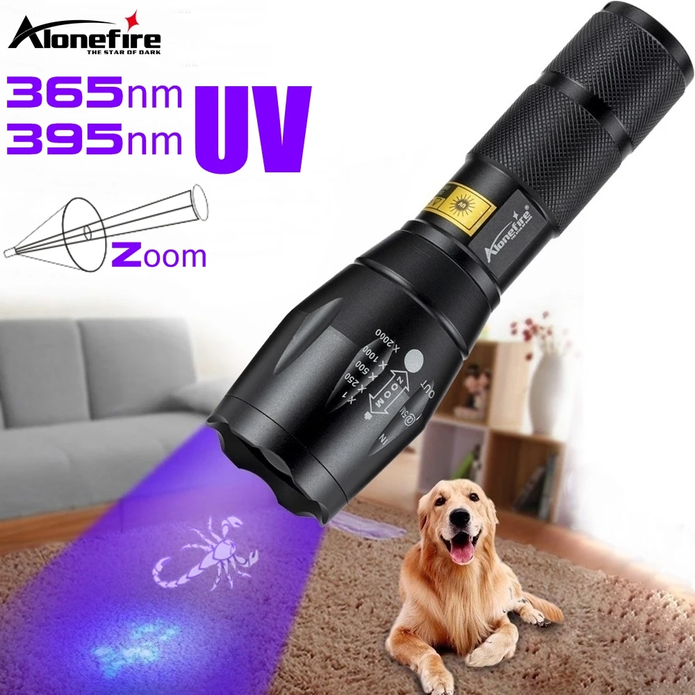 Zoom UV-LED-Taschenlampe, 365 nm, 395 nm, unsichtbare Tinte, Marker, Katze, Hund, Urin, Tinea, Erz, Geld, Skorpion, Fluoreszenzlicht, Verwendung AAA 18650