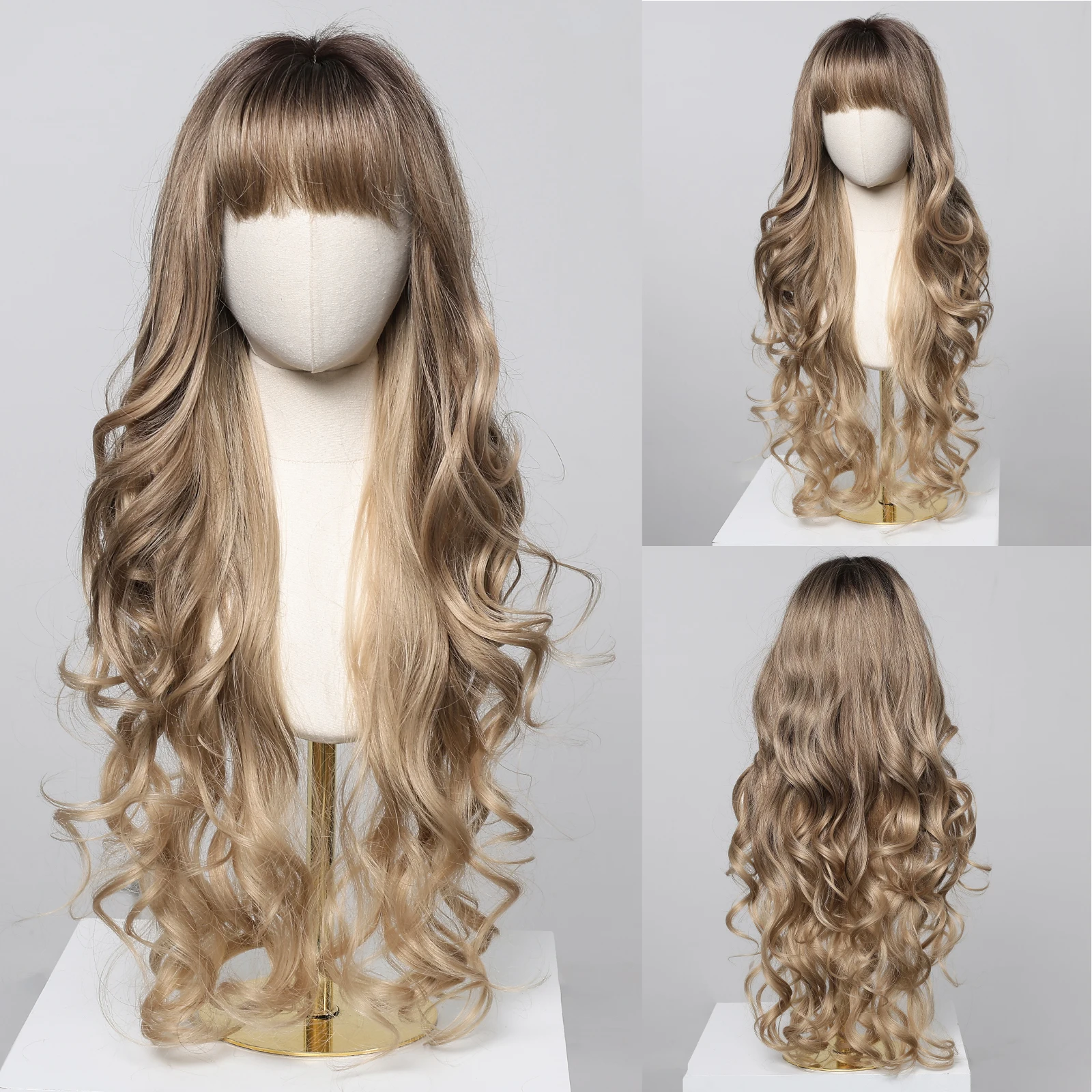หลวม Body Wave วิกผมสังเคราะห์ยาวสีน้ําตาลสีบลอนด์ Ombre วิกผม Bangs Wave Curl วิกผมสําหรับผู้หญิงสีดําทนความร้อน Daily Party