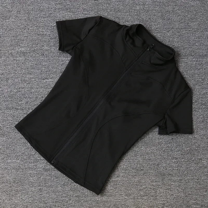 Zomer hoge kwaliteit taille afslanktraining tops dames sneldrogende strakke opstaande kraag volledige ritssluiting korte mouwen yoga shirts