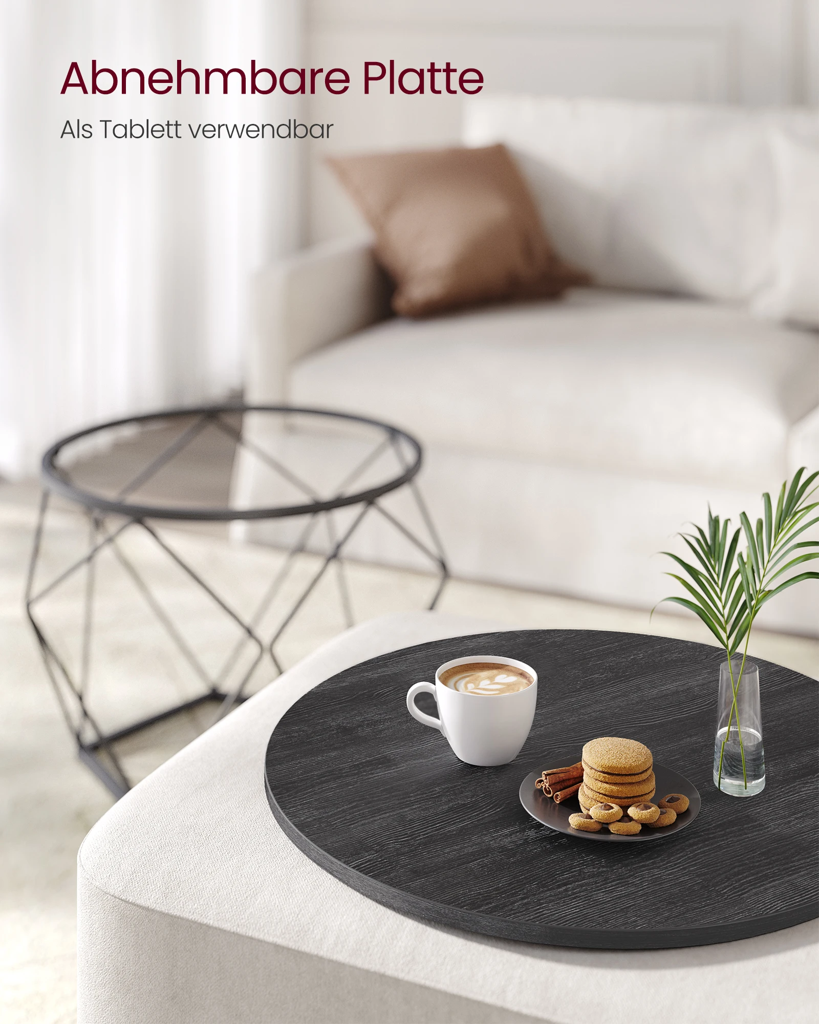 VASAGLE Couchtisch rund, 2er Set, Wohnzimmertisch, Beistelltisch, modern, abnehmbare Tischplatte, für Wohnzimmer