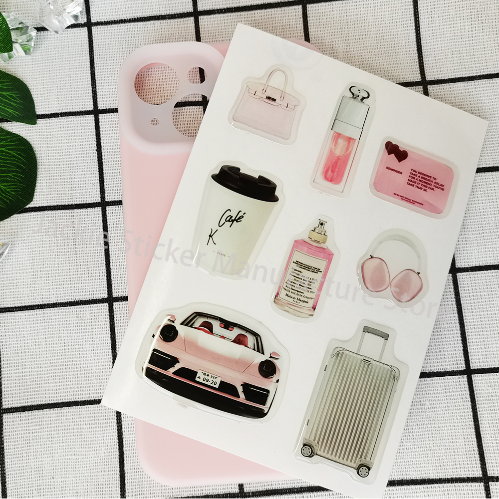 Funda de teléfono 3D personalizada, pegatina epoxi de cúpula, etiqueta de resina personalizada para ipad, logotipo de gel de cristal decorativo popular, formas DlY bonitas de gelatina