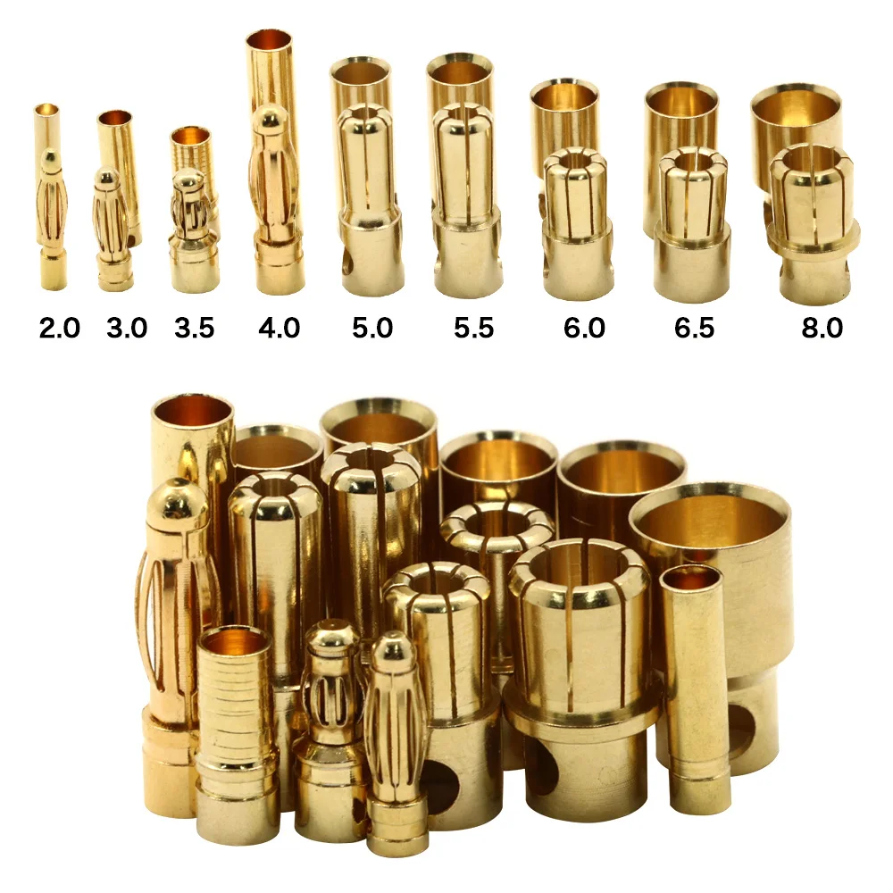 20 teile/los 2,0mm 3,0mm 3,5mm 4,0mm 5,5mm 6,0mm 8,0 MM Gold Bullet Banana stecker für ESC Lipo RC batterie Stecker (10 paar)
