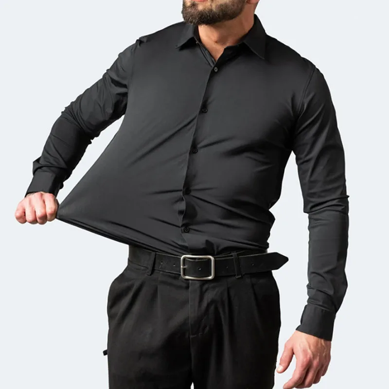 6xl nueva primavera y verano fuerza elástica sin hierro camisa casual de negocios de manga larga para hombres camisa vertical mercerizada de color sólido
