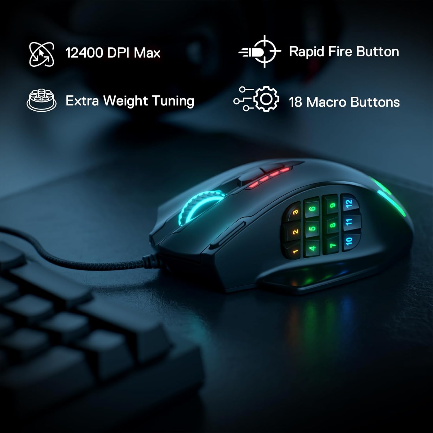 Проводная игровая мышь Redragon M908 RGB со светодиодной подсветкой и USB-подсветкой, 18 программируемых кнопок мыши, 12400 точек на дюйм