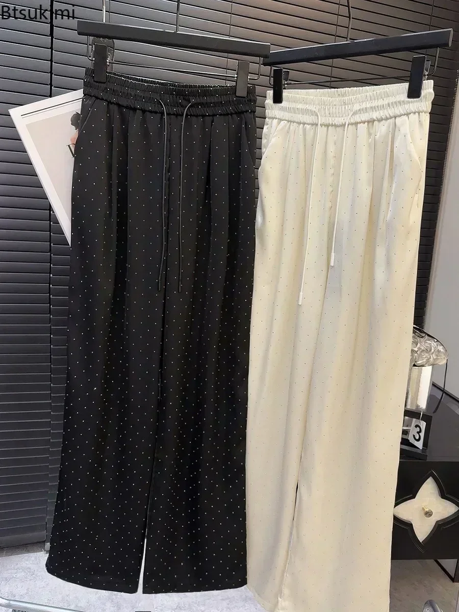 2025 hohe Qualität Luxus Voller Strass Breite Bein Hosen Mode Neue Kordelzug Hohe Taille Gerade Hosen Damen Casual Hosen