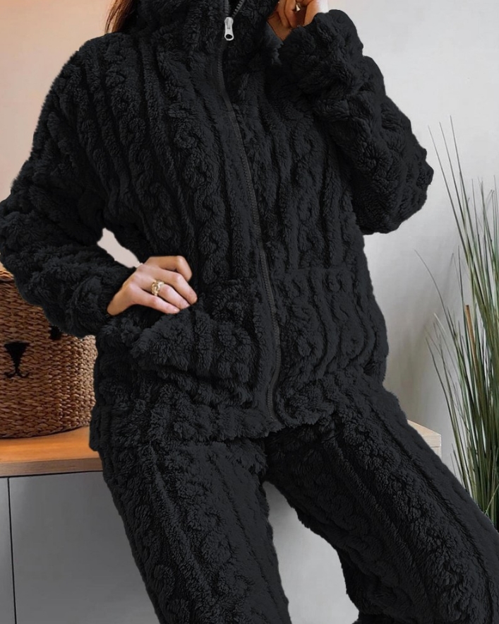 Conjunto de dos piezas de moda de otoño e invierno, 2 uds., Jacquard texturizado, cuello levantado, cremallera, conjunto de Top y pantalones de peluche peludos para mujer