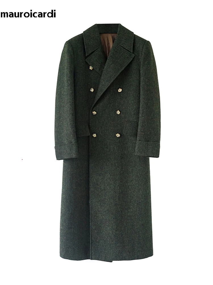 Mauroicardi Otoño Invierno largo cálido verde Polo abrigo hombres doble botonadura fresco lujo elegante estilo inglés mezclas de lana abrigo