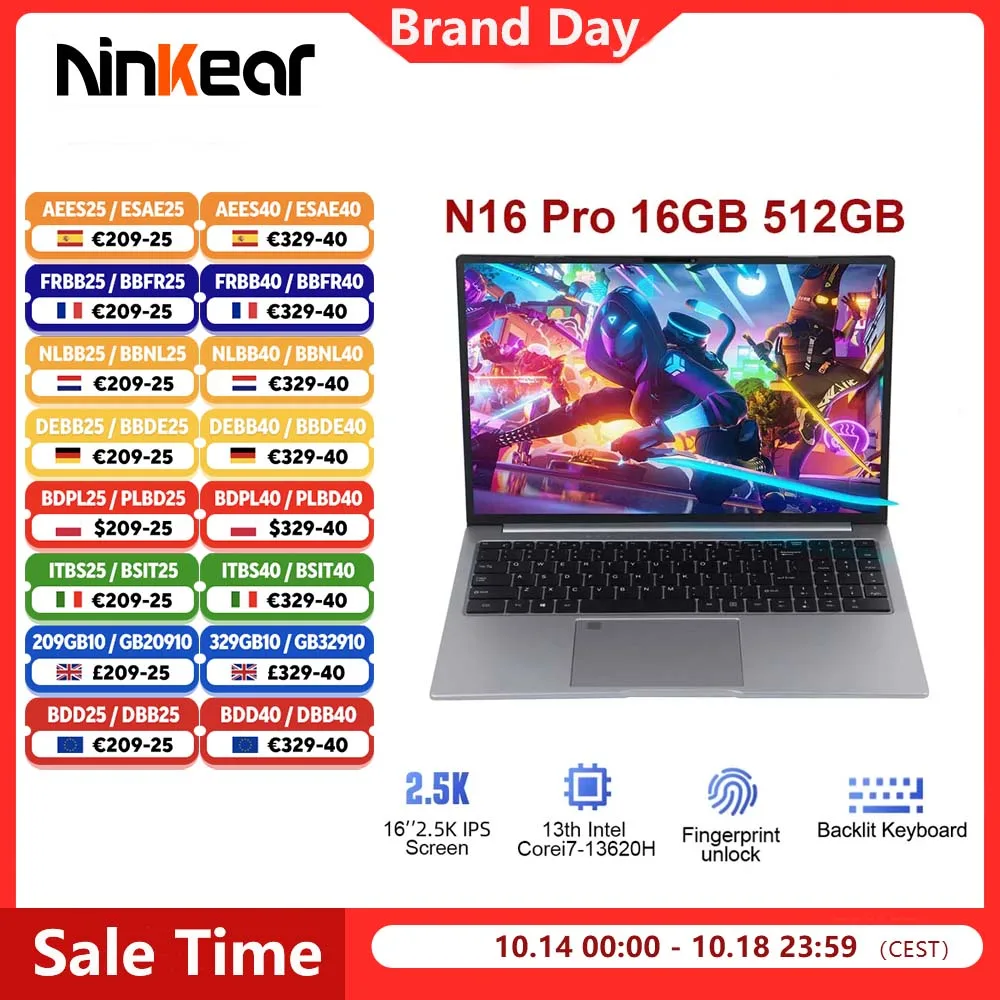 Laptop Ninkear N16 Pro 16GB 512GB 13. generacji Intel i7-13620H 16'' 2.5K IPS 120Hz Komputer do gier 57.75Wh Notebook z odblokowaniem odciskiem palca