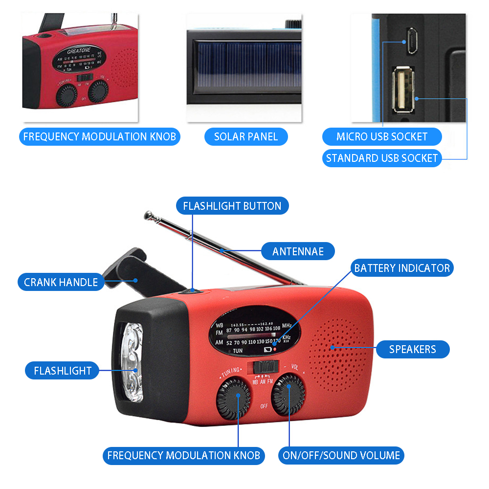 Rádio de emergência de 2000 mAh com luzes LED Rádio USB Luz de carregamento solar Viagem ao ar livre Portátil recarregável Rádio FM/AM