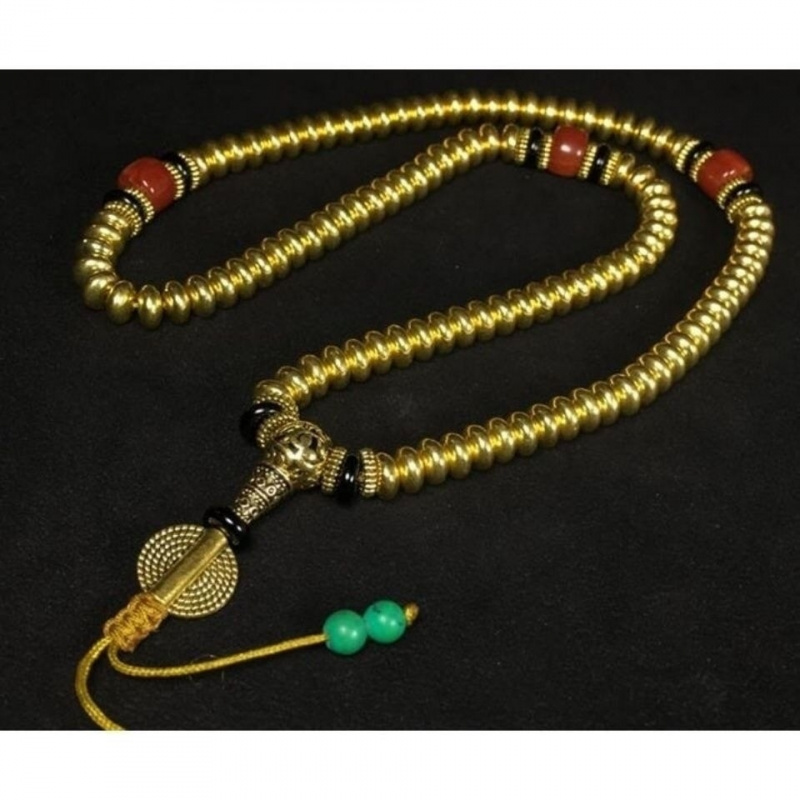 【1746Revisa positiva】108Latão banhado a cobre Colar de contas de cobre nepalês Pulseira de contas de oração budista Estilo tibetano antigo Budd