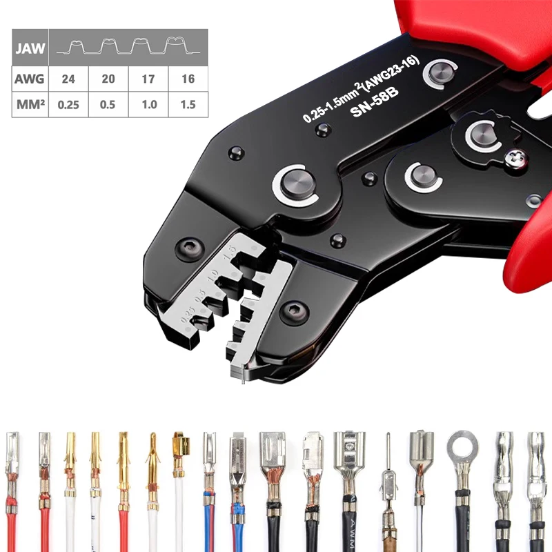 SN-58B Ratchet Crimping Plier Crimper Tool 0.25-1.5mm² AWG24-16for Dupont,TE,JST,Molex Terminal Wire Electrical Pliers