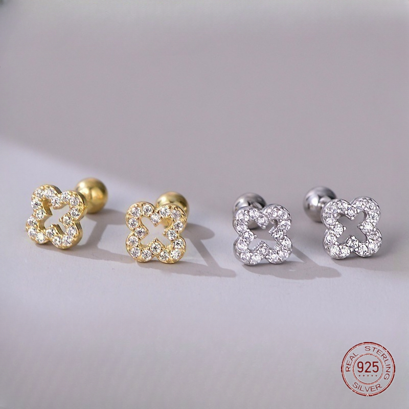 Mini pendientes de tuerca de flor de cuatro hojas de Plata de Ley 925 para mujer, pendiente de circón con incrustaciones huecas con personalidad, regalo de joyería Piercing