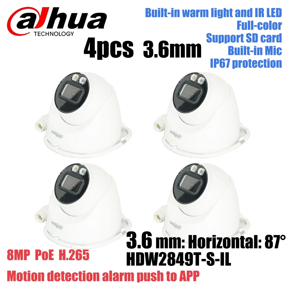 4 stks 3.6mm HDW2849T-S-IL Dahua 8MP Smart Dual Light Vaste focus Oogbol WizSense IP Camera Ingebouwde warm licht IR LED Microfoon