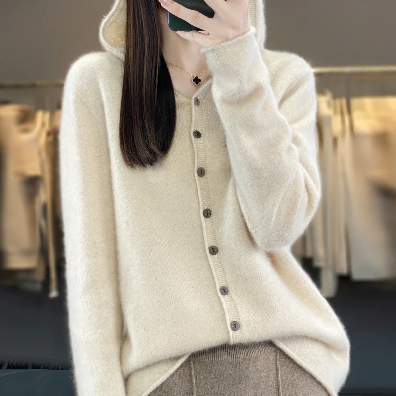 First Line Strickjacke aus 100 % Merinowolle für Damen, Herbst und Winter, Kapuzenpullover, lockerer Pullover, modischer, vielseitiger Mantel, Oberteil YC014