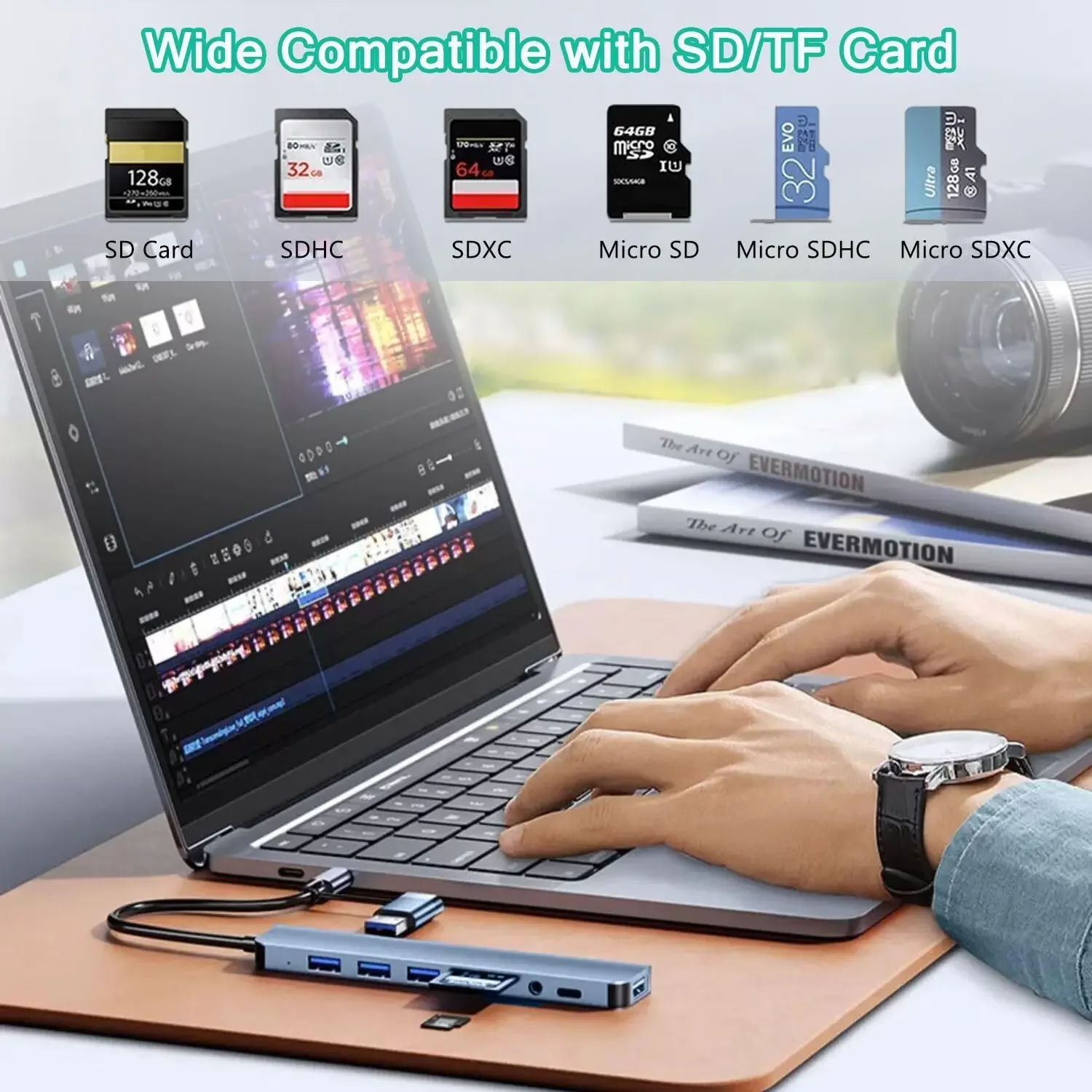 8 In 2 USB HUB With Splitter Card Reader, USB C Port, USB 3.0 / 2.0, SD/TF Splitter Card Reader, Docking Station