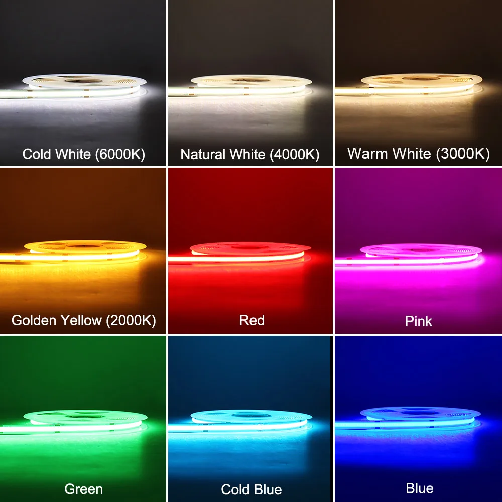 COB LED Strip Light 12V 24V 3 มม.5 มม.8 มม.10 มม.PCB LED Strip น้ําแข็งสีฟ้า/สีเขียว/สีแดง /สีเหลือง/2700K/3000K/4000K/6000K COB LED เทปตกแต่ง