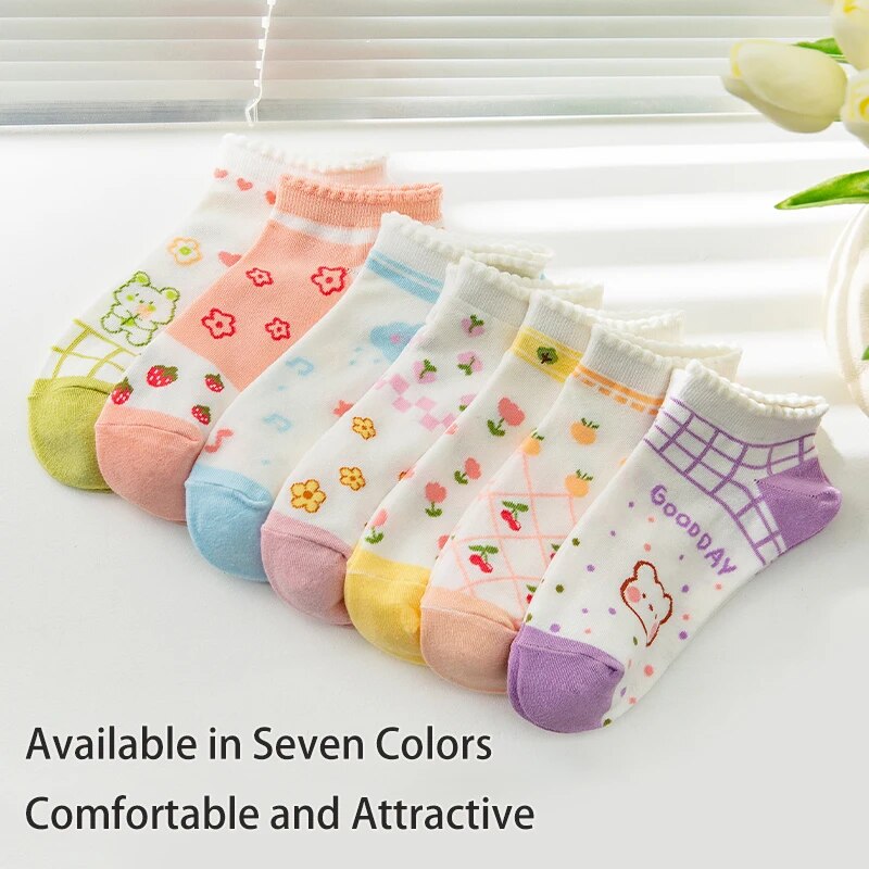 7 pares de meias femininas primavera e verão quatro estações floral morango cereja e urso de desenho animado fofas e confortáveis