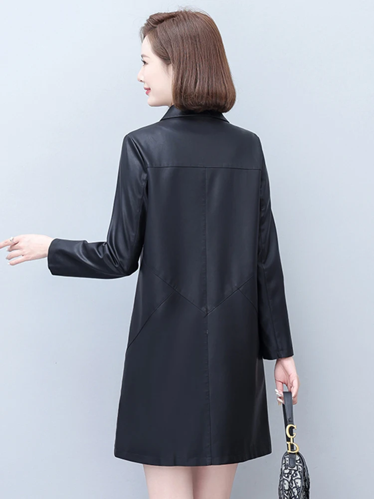 Neu Frauen Frühling Herbst Ledermantel Lässig Mode Plus Baumwoll-Futter Mittellang Lose Schafsfell Trenchcoat Mutter Oberbekleidung