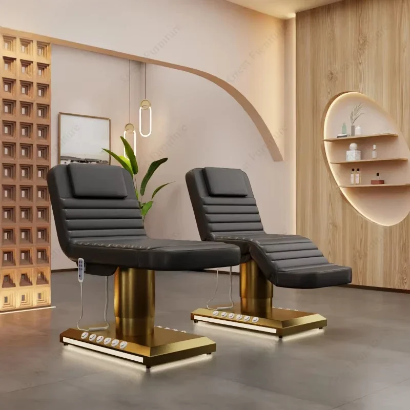 Letto di bellezza elettrico per salone di bellezza di lusso di vendita calda Letto per ciglia nere con base in acciaio inossidabile dorato a 3 motori in vendita
