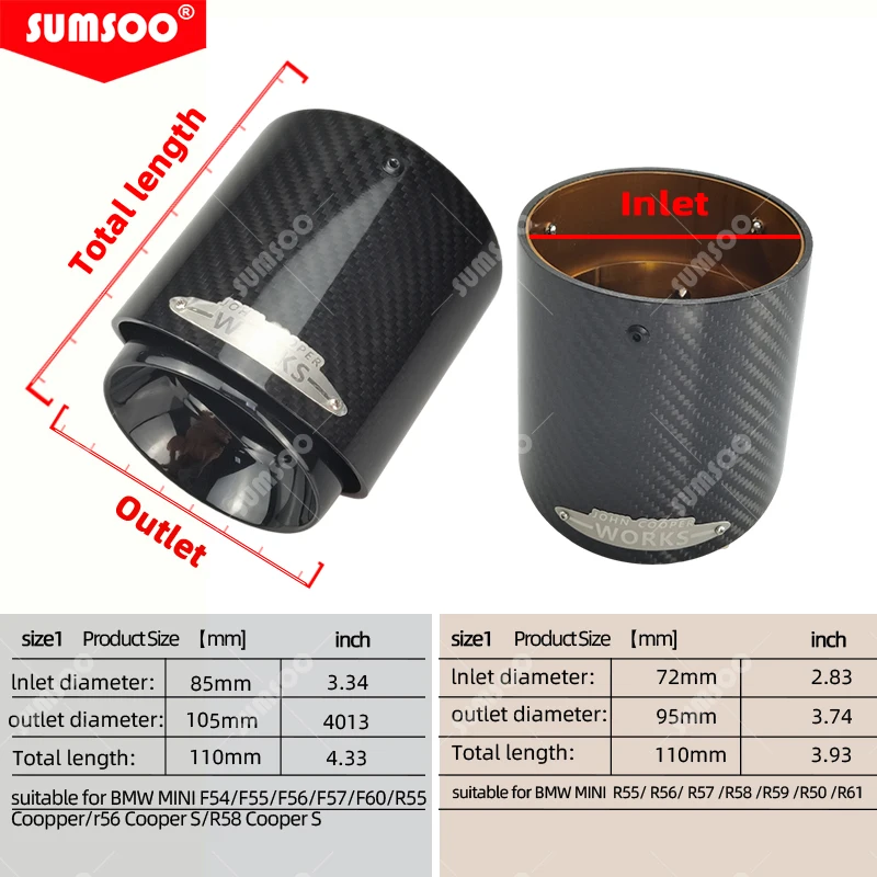 Sumoo genuíno 1 peça ponta silenciadora preta cromada e fibra de carbono adequada para mini cooper ponta de escape r55 r56 r57 r58 r59 r60 r61